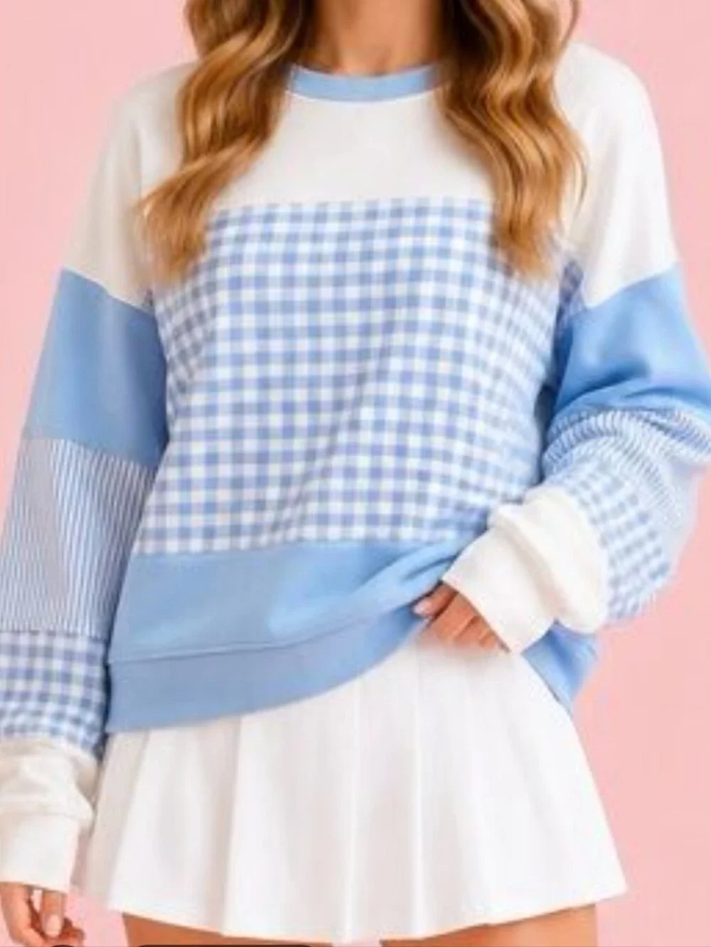 NWT Altar'd State AS Revival Blue & White Gingham Patchwork Sweatshirt $74 Med. - Picture 2 of 6